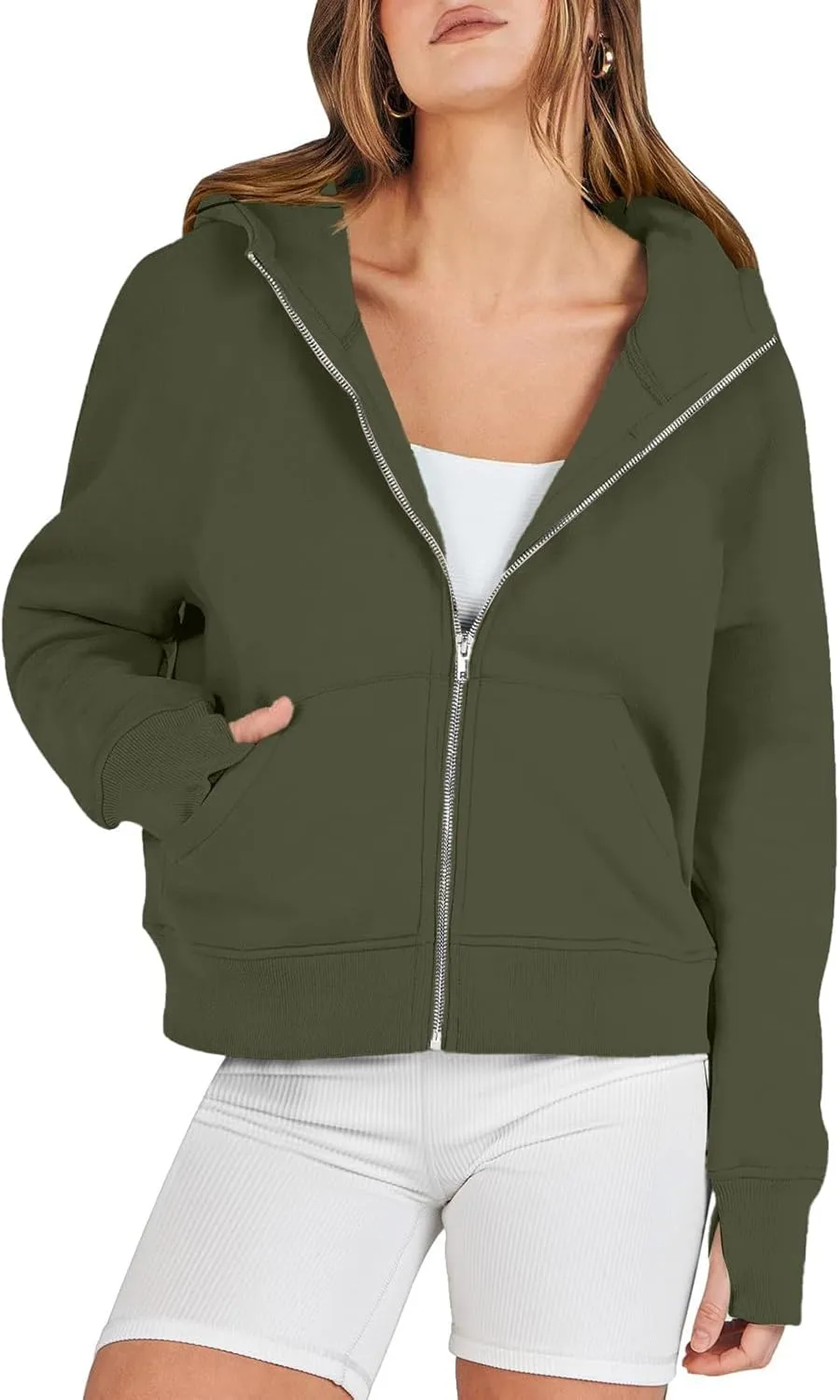 Cropped Hoodie Women Zip Pullover Thumb Hole Fall Hoodies Comfy Solid Long Sleeve Shirts Winter Clothes With Pockets