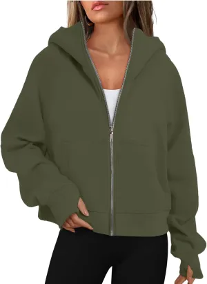 Cropped Hoodie Women Zip Pullover Thumb Hole Fall Hoodies Comfy Solid Long Sleeve Shirts Winter Clothes With Pockets