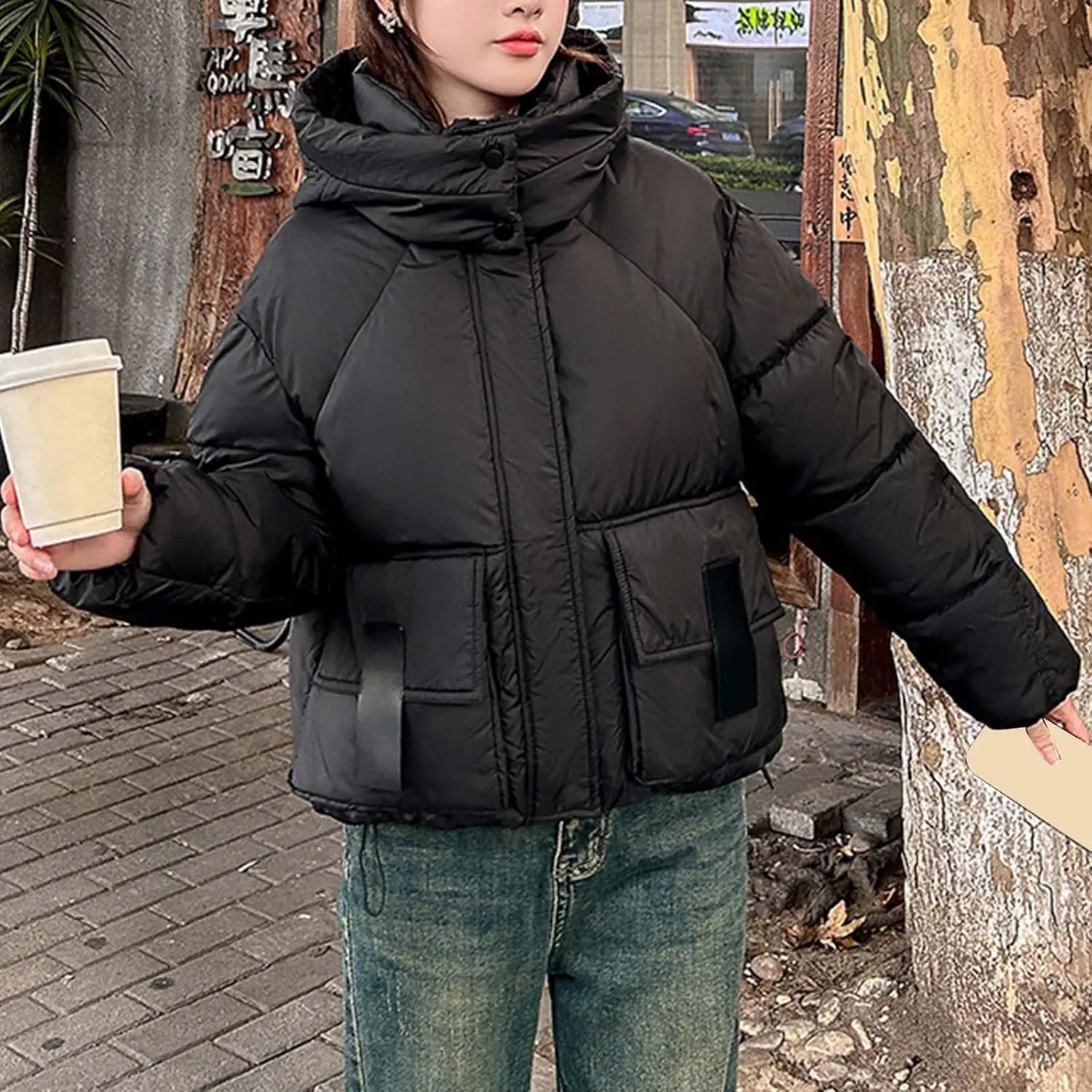 Cropped Puffer Down Jackets for Women Thermal Baggy Long Sleeve Padded Coats Teen Girls Hooded Thicken Bubble Jackets
