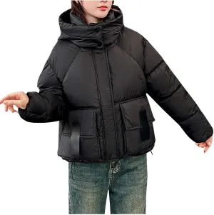 Cropped Puffer Down Jackets for Women Thermal Baggy Long Sleeve Padded Coats Teen Girls Hooded Thicken Bubble Jackets