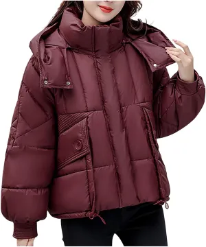 Cropped Puffer Jackets For Women Zip Up Quilted Down Jackets with Removable Hood 2024 Winter Warm Fashion Outfits