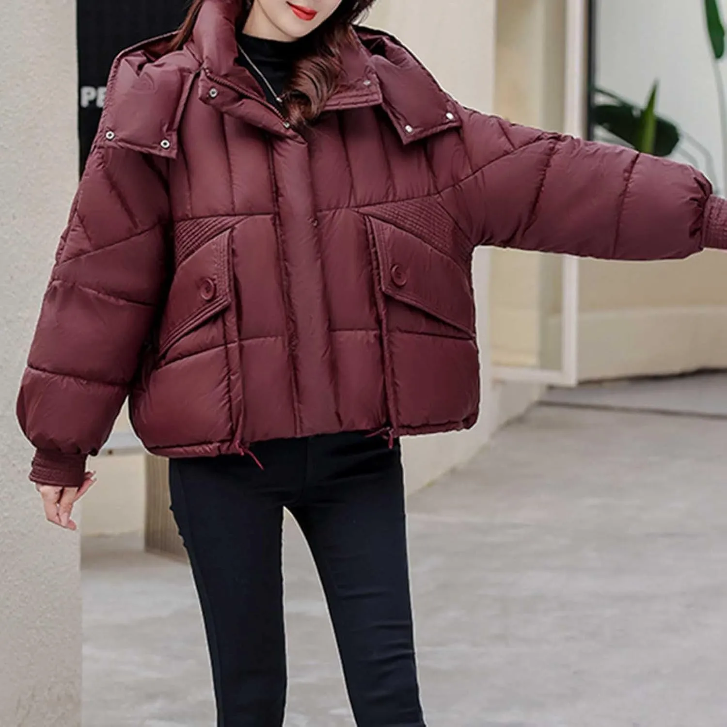 Cropped Puffer Jackets For Women Zip Up Quilted Down Jackets with Removable Hood 2024 Winter Warm Fashion Outfits