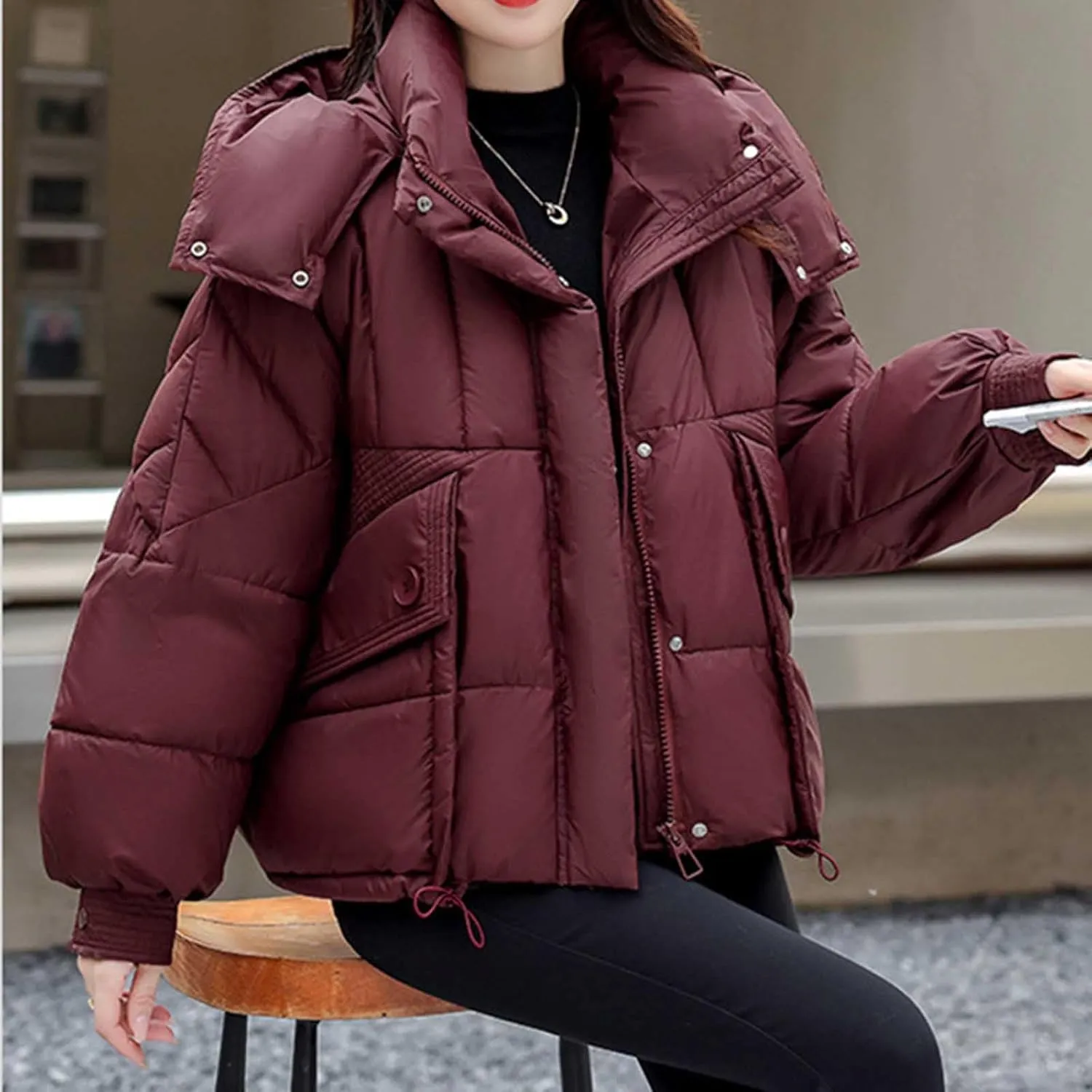 Cropped Puffer Jackets For Women Zip Up Quilted Down Jackets with Removable Hood 2024 Winter Warm Fashion Outfits