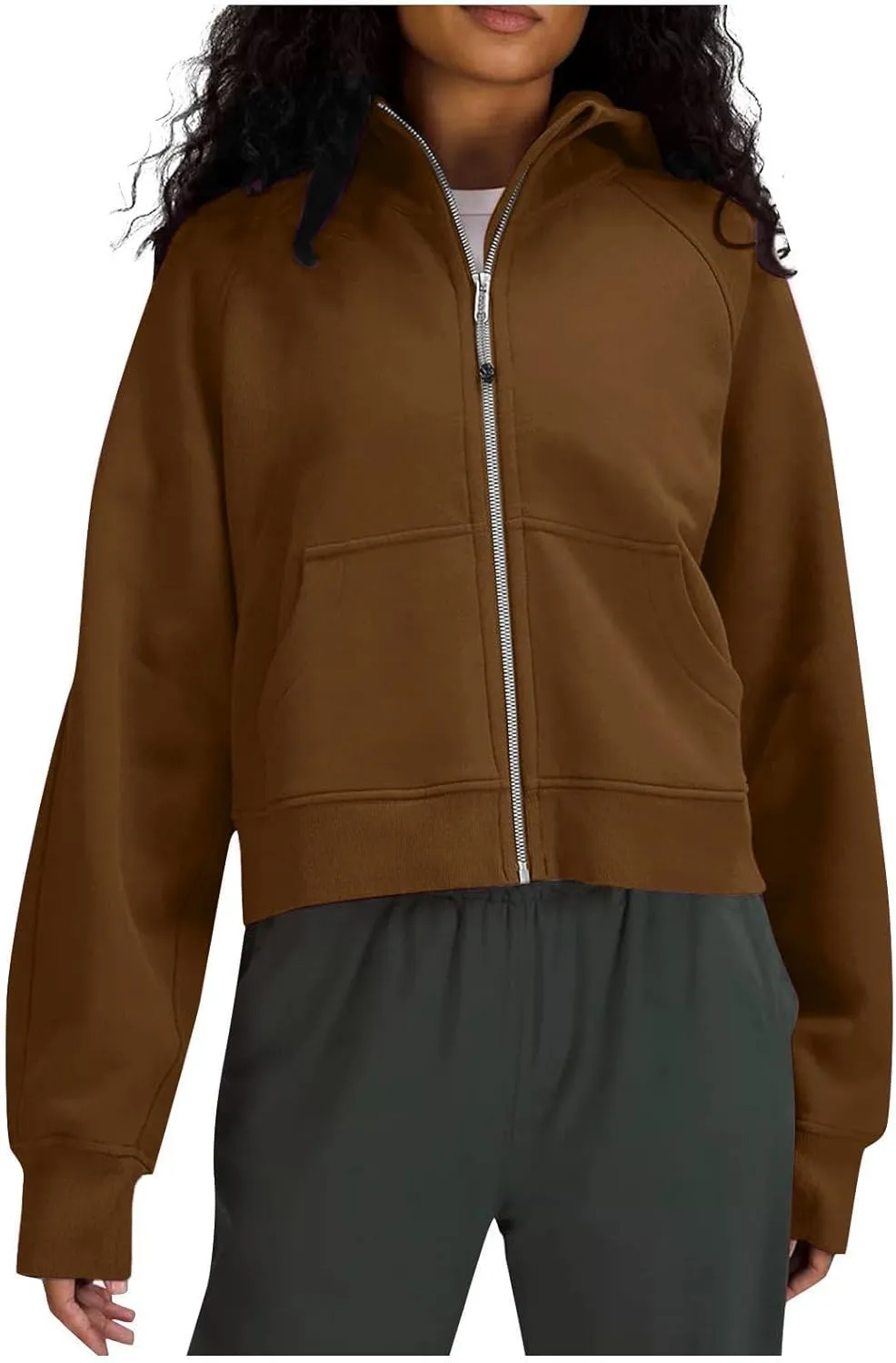 Cropped Zip Up Hoodies For Women Fleece Full Zip Solid Color Sweatshirts For Women Loose Fit Hoodies With Pockets