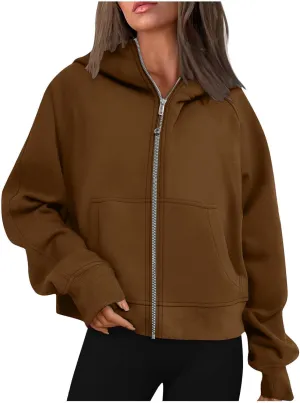 Cropped Zip Up Hoodies For Women Fleece Full Zip Solid Color Sweatshirts For Women Loose Fit Hoodies With Pockets