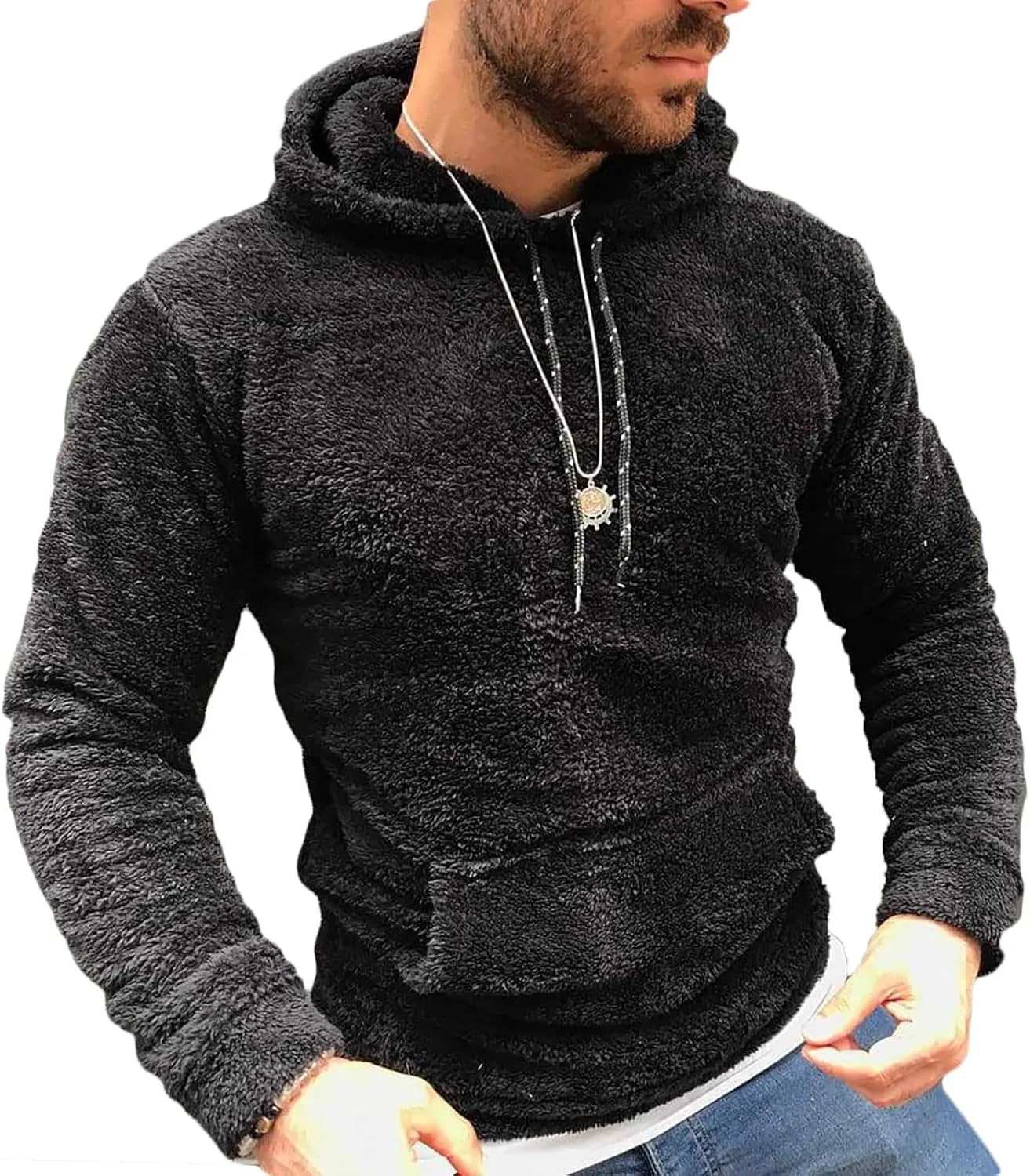 Ctreela Sherpa Fleece Pullover Hooded Sweatshirts, Solid Long Sleeve Front Pocket Fall Outwear, Winter Fuzzy Hoodie for Men