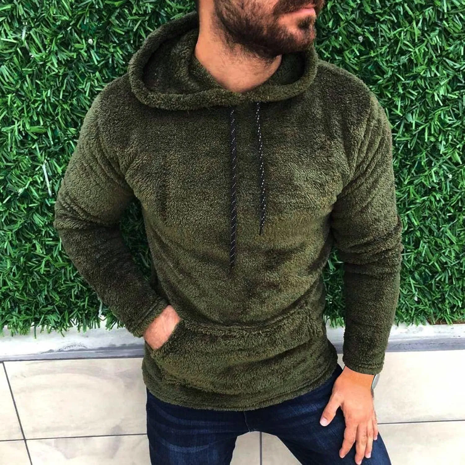 Ctreela Sherpa Fleece Pullover Hooded Sweatshirts, Solid Long Sleeve Front Pocket Fall Outwear, Winter Fuzzy Hoodie for Men
