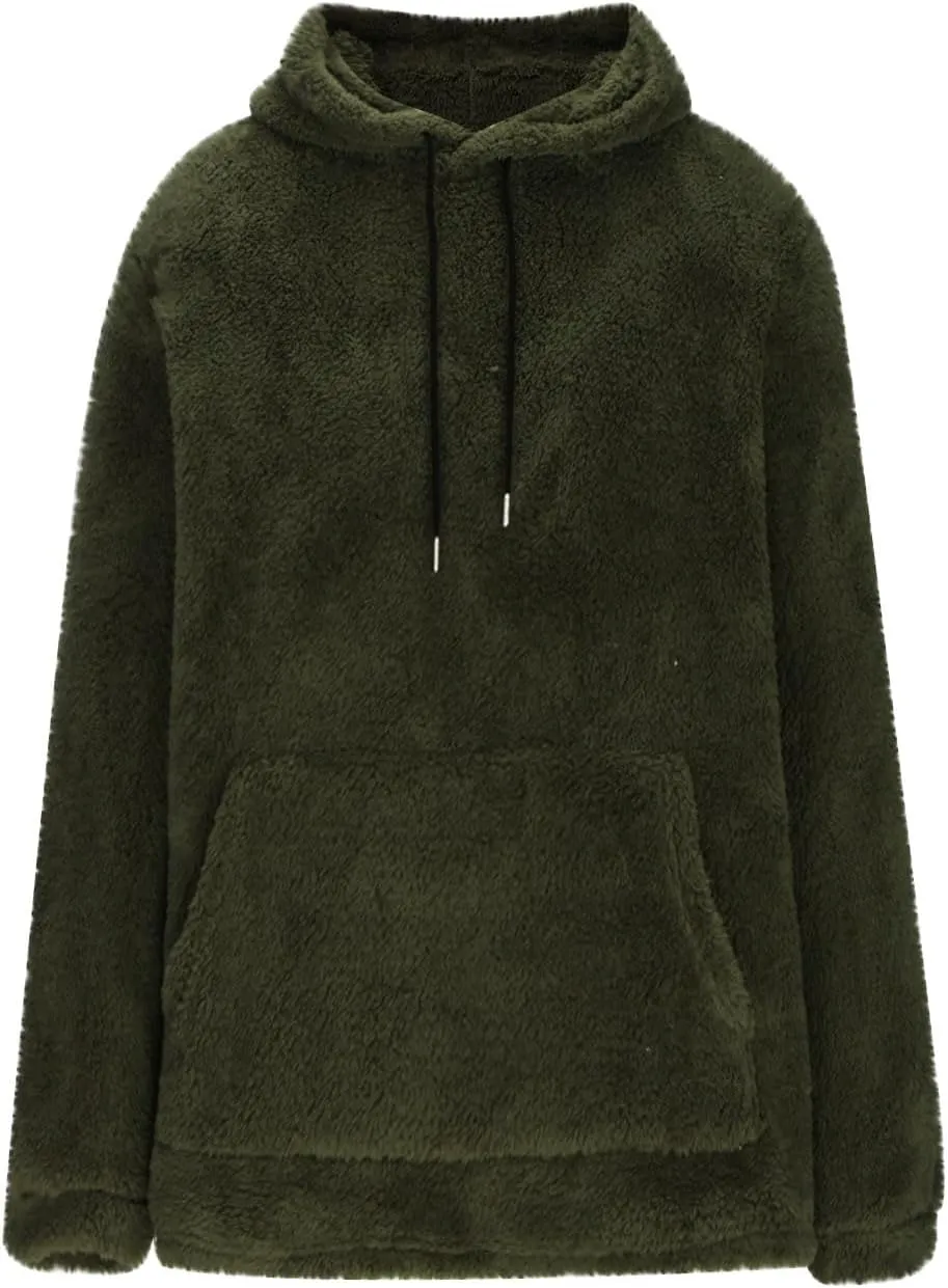 Ctreela Sherpa Fleece Pullover Hooded Sweatshirts, Solid Long Sleeve Front Pocket Fall Outwear, Winter Fuzzy Hoodie for Men