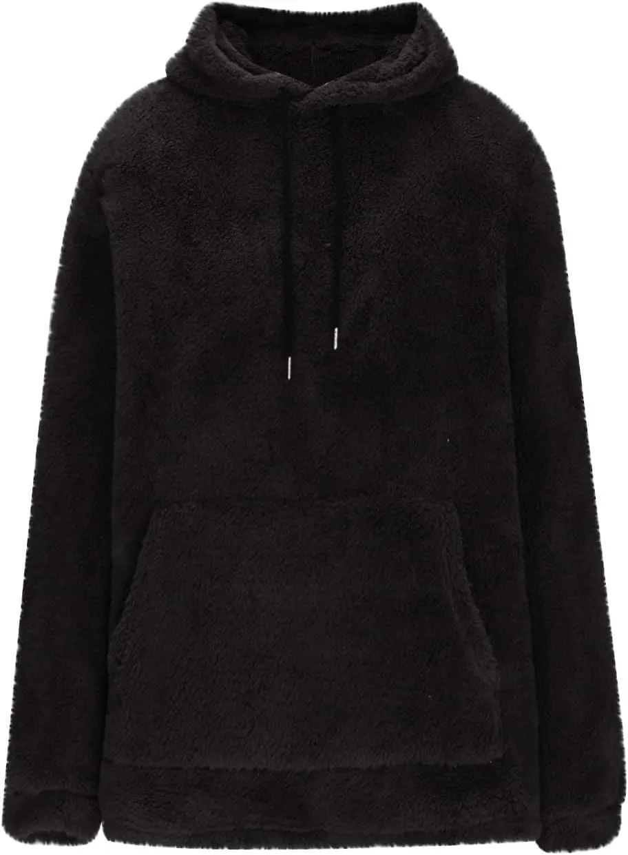 Ctreela Sherpa Fleece Pullover Hooded Sweatshirts, Solid Long Sleeve Front Pocket Fall Outwear, Winter Fuzzy Hoodie for Men