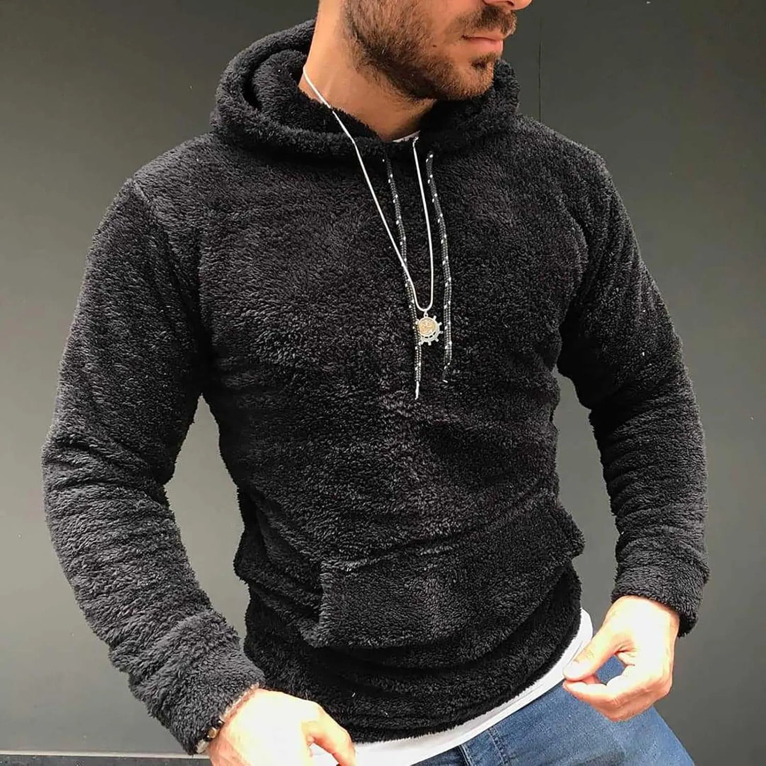 Ctreela Sherpa Fleece Pullover Hooded Sweatshirts, Solid Long Sleeve Front Pocket Fall Outwear, Winter Fuzzy Hoodie for Men