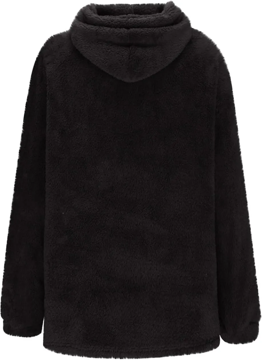 Ctreela Sherpa Fleece Pullover Hooded Sweatshirts, Solid Long Sleeve Front Pocket Fall Outwear, Winter Fuzzy Hoodie for Men