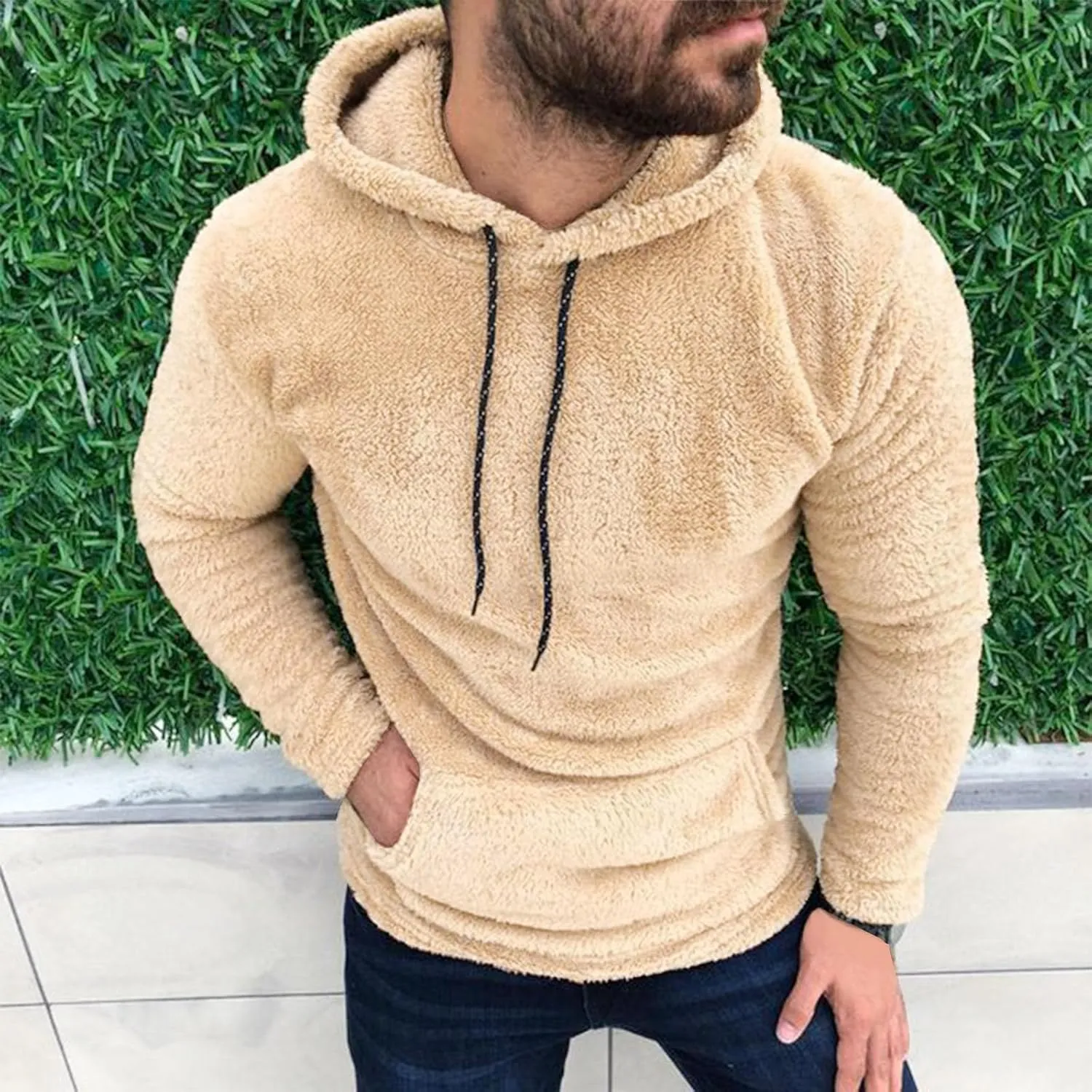 Ctreela Sherpa Fleece Pullover Hooded Sweatshirts, Solid Long Sleeve Front Pocket Fall Outwear, Winter Fuzzy Hoodie for Men