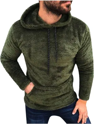 Ctreela Sherpa Fleece Pullover Hooded Sweatshirts, Solid Long Sleeve Front Pocket Fall Outwear, Winter Fuzzy Hoodie for Men