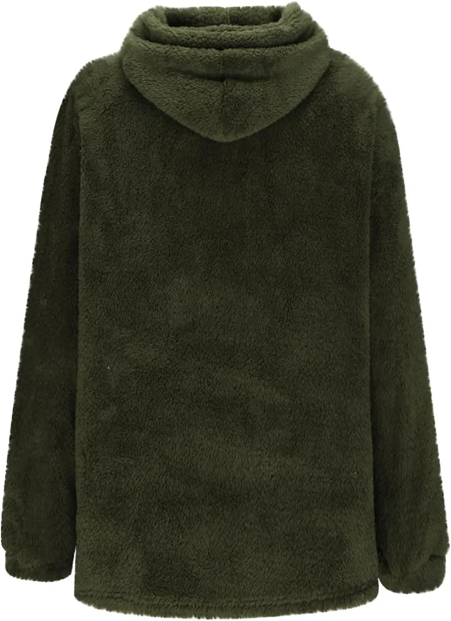 Ctreela Sherpa Fleece Pullover Hooded Sweatshirts, Solid Long Sleeve Front Pocket Fall Outwear, Winter Fuzzy Hoodie for Men