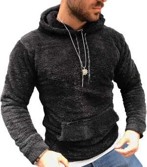 Ctreela Sherpa Fleece Pullover Hooded Sweatshirts, Solid Long Sleeve Front Pocket Fall Outwear, Winter Fuzzy Hoodie for Men