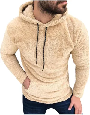 Ctreela Sherpa Fleece Pullover Hooded Sweatshirts, Solid Long Sleeve Front Pocket Fall Outwear, Winter Fuzzy Hoodie for Men