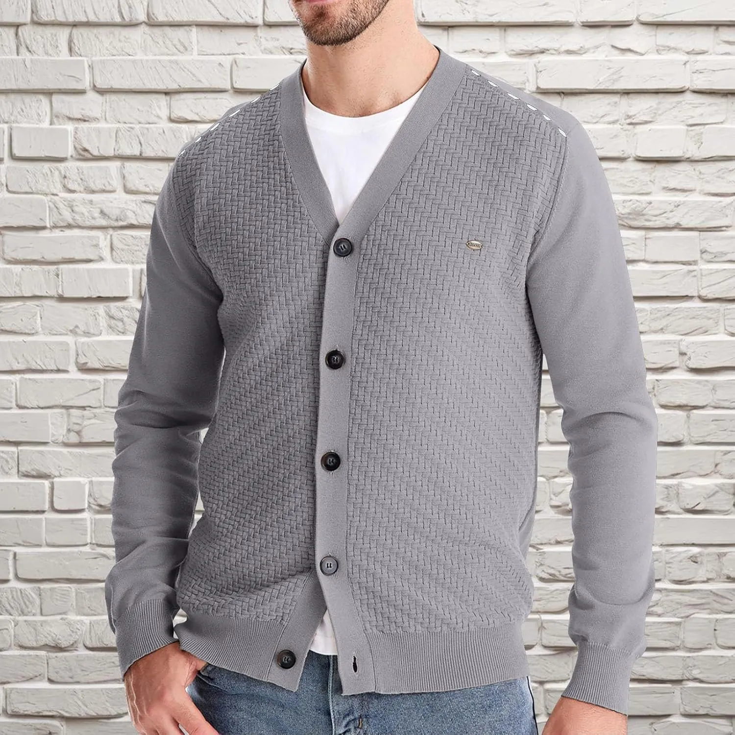 Dgoopd Cardigan Sweaters for Men Button Down Knit Sweater Stand Collar Cardigan Long Sleeve Warm Sweaters with Pockets