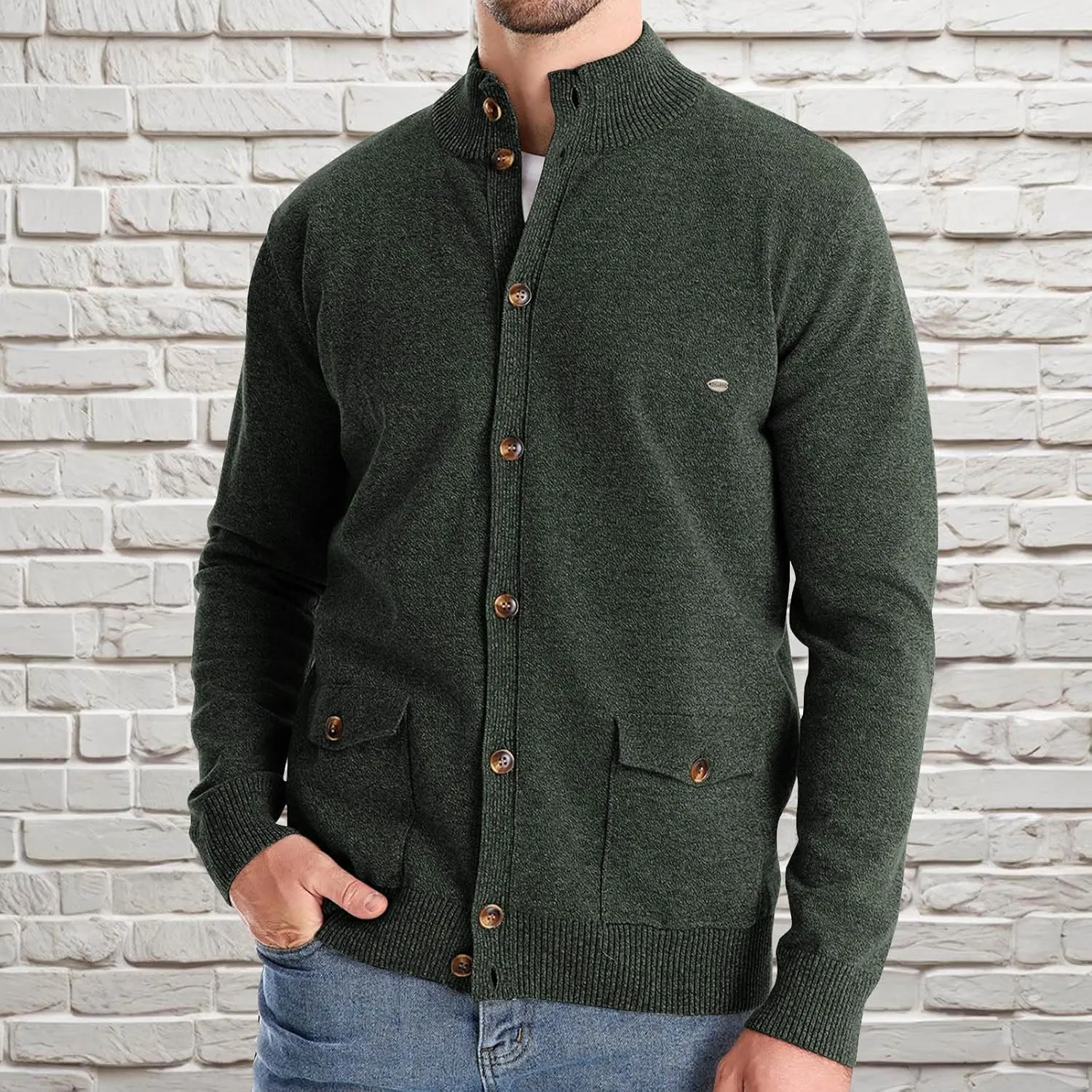 Dgoopd Cardigan Sweaters for Men Button Down Knit Sweater Stand Collar Cardigan Long Sleeve Warm Sweaters with Pockets