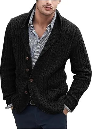 Dgoopd Cardigan Sweaters for Men Cable Knit Button Down Sweater Notch Lapel Jacket V Neck Open Front Cardigan Casual Outwear