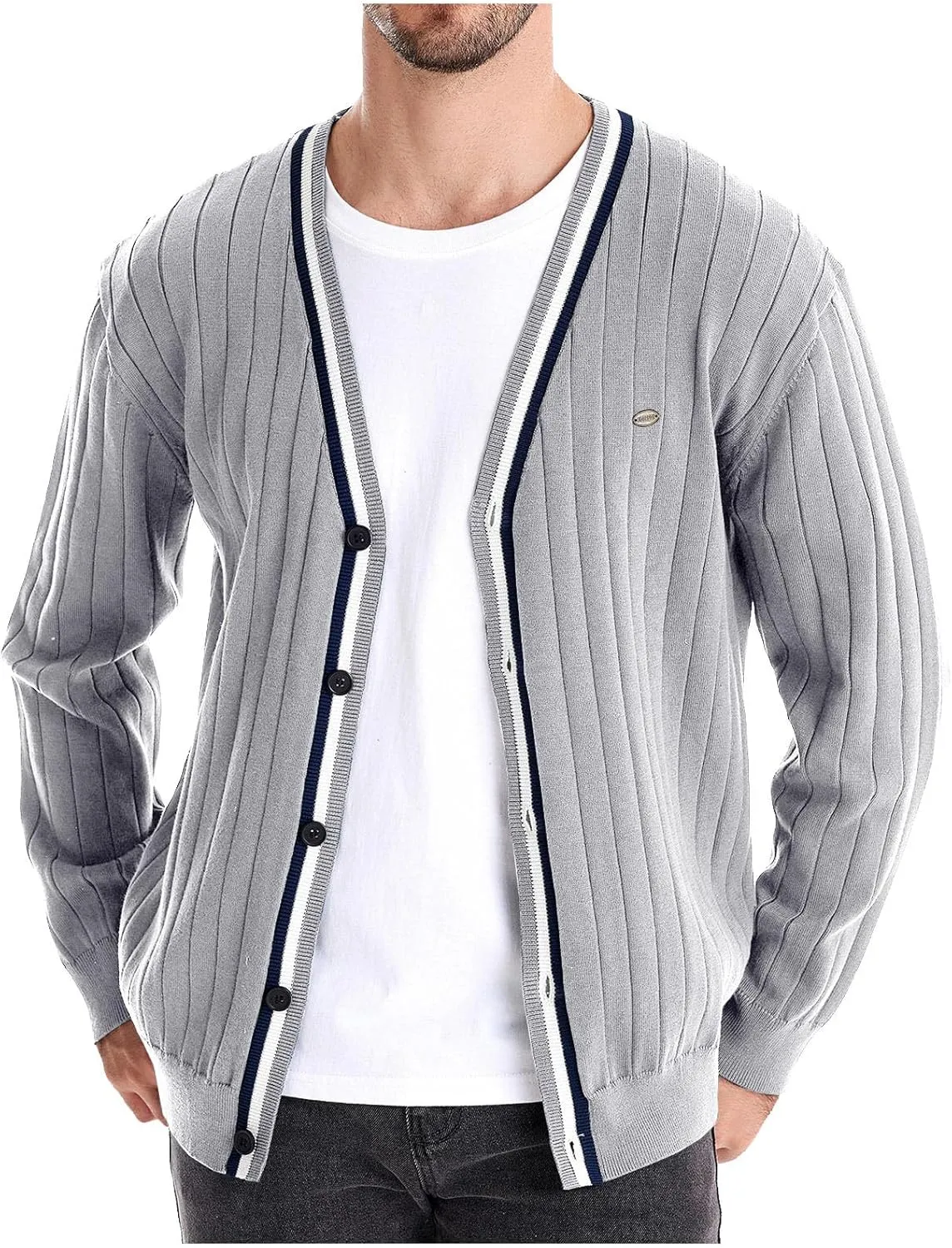 Dgoopd Cardigan Sweaters for Men Striped Knit Sweater Button Down V Neck Cardigan Lightweight Long Sleeve Sweater Casual Tops