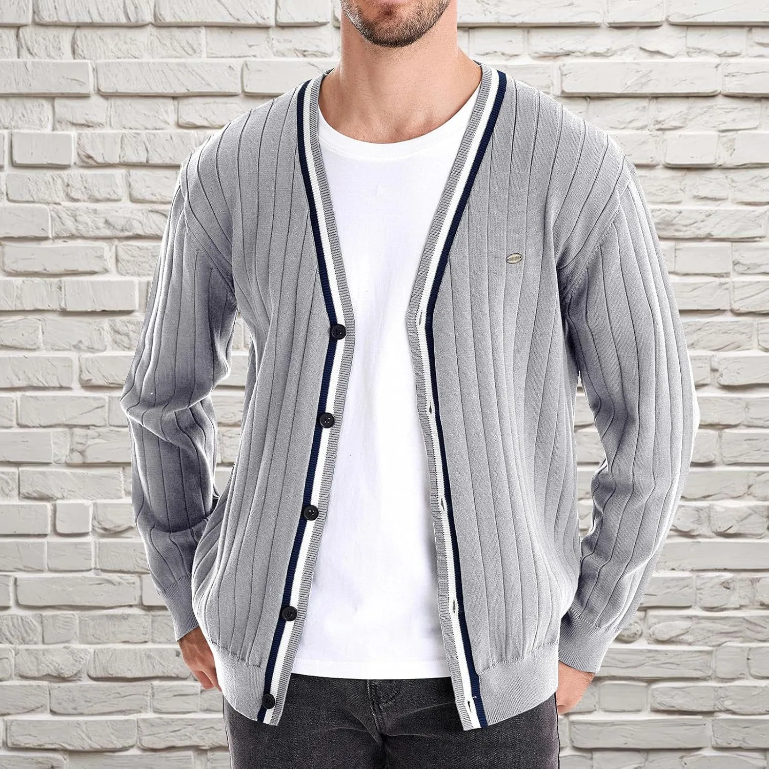 Dgoopd Cardigan Sweaters for Men Striped Knit Sweater Button Down V Neck Cardigan Lightweight Long Sleeve Sweater Casual Tops