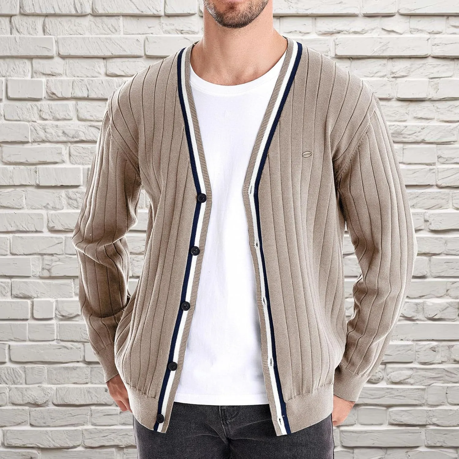 Dgoopd Cardigan Sweaters for Men Striped Knit Sweater Button Down V Neck Cardigan Lightweight Long Sleeve Sweater Casual Tops