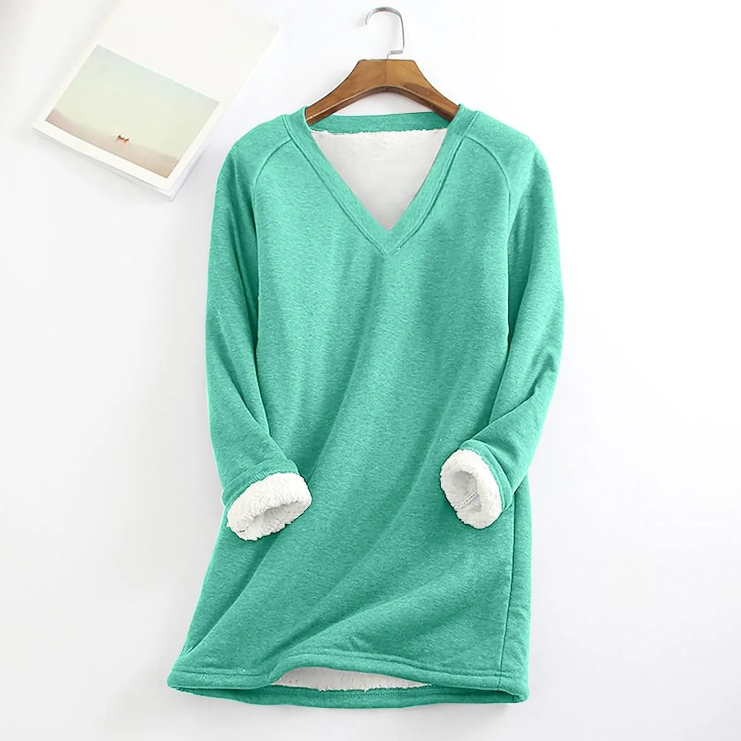 DOLKFU Women's Long Sleeve Soft Hoodies Comfortable Thick Fleece Pullover Shirts V Neck Warm Winter Underwear Tops