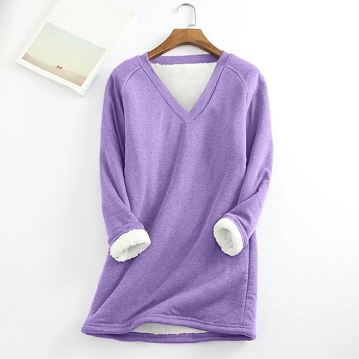 DOLKFU Women's Long Sleeve Soft Hoodies Comfortable Thick Fleece Pullover Shirts V Neck Warm Winter Underwear Tops