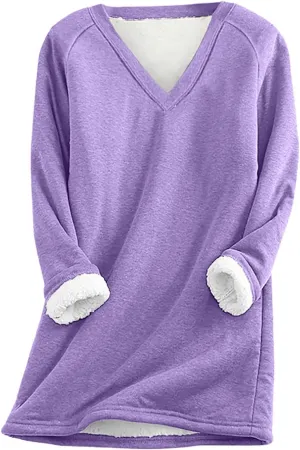 DOLKFU Women's Long Sleeve Soft Hoodies Comfortable Thick Fleece Pullover Shirts V Neck Warm Winter Underwear Tops
