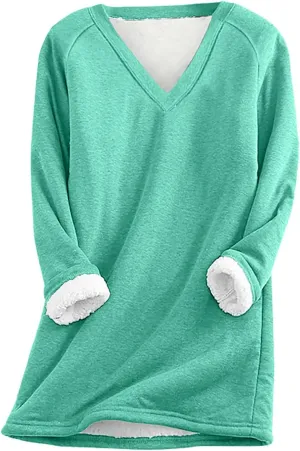 DOLKFU Women's Long Sleeve Soft Hoodies Comfortable Thick Fleece Pullover Shirts V Neck Warm Winter Underwear Tops