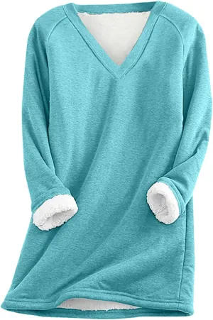 DOLKFU Women's Long Sleeve Soft Hoodies Comfortable Thick Fleece Pullover Shirts V Neck Warm Winter Underwear Tops