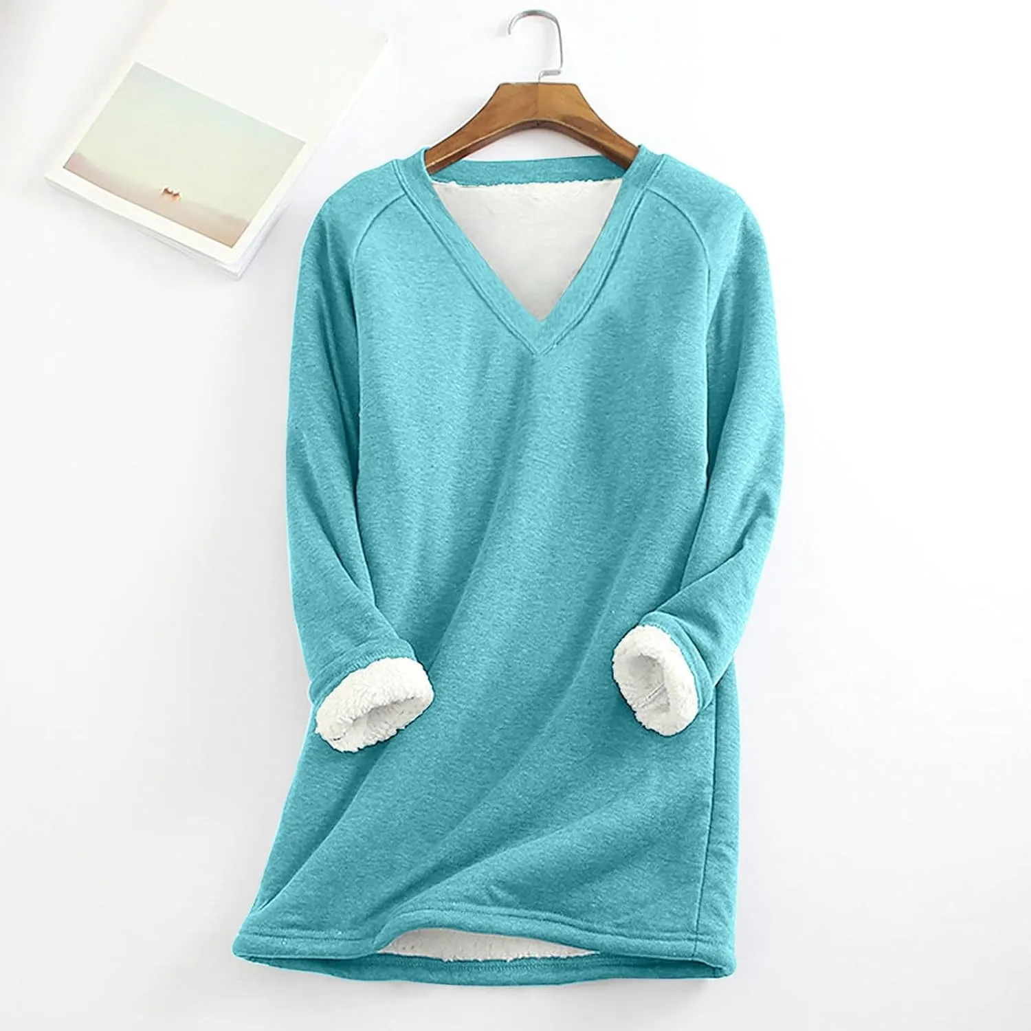 DOLKFU Women's Long Sleeve Soft Hoodies Comfortable Thick Fleece Pullover Shirts V Neck Warm Winter Underwear Tops