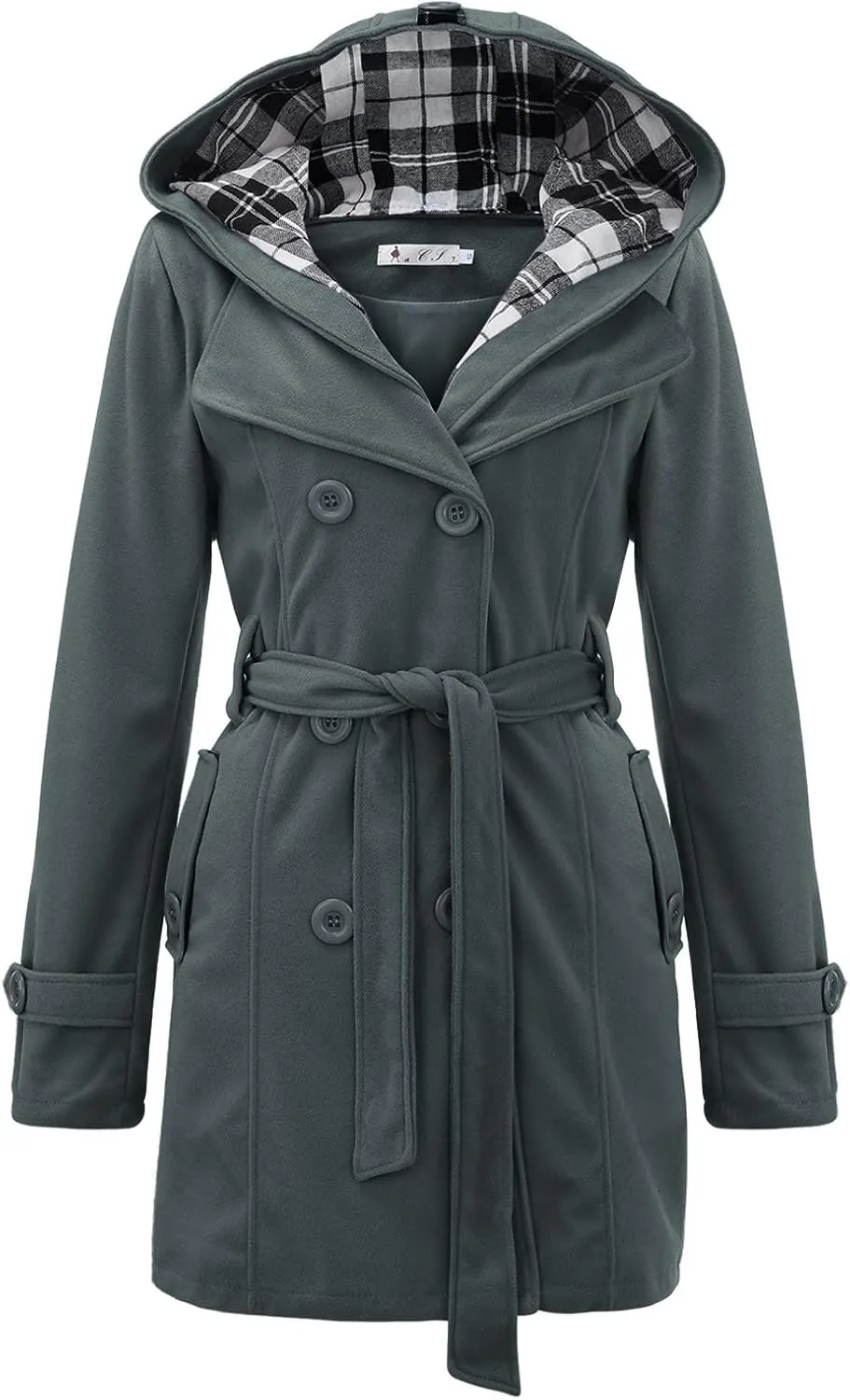 Double Breasted Trench Coat Women Plus Size Winter Peacoat with Plaid Hood Thick Warm Belted Mid Length Outwear with Pockets