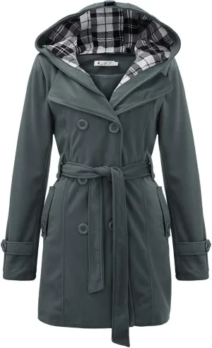 Double Breasted Trench Coat Women Plus Size Winter Peacoat with Plaid Hood Thick Warm Belted Mid Length Outwear with Pockets