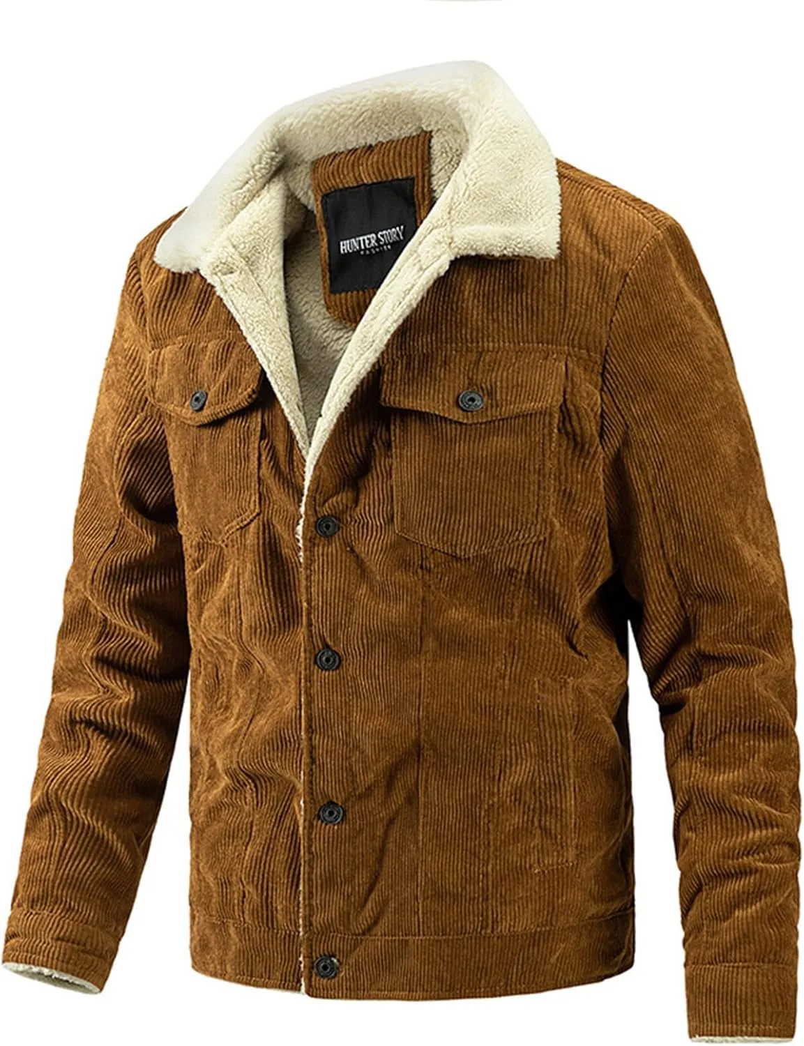 evzosrz Men's Corduroy Sherpa Lined Trucker Jacket Lapel Button Down Winter Varsity Coat Fall Winter Soft Outwear with Pocket