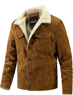 evzosrz Men's Corduroy Sherpa Lined Trucker Jacket Lapel Button Down Winter Varsity Coat Fall Winter Soft Outwear with Pocket