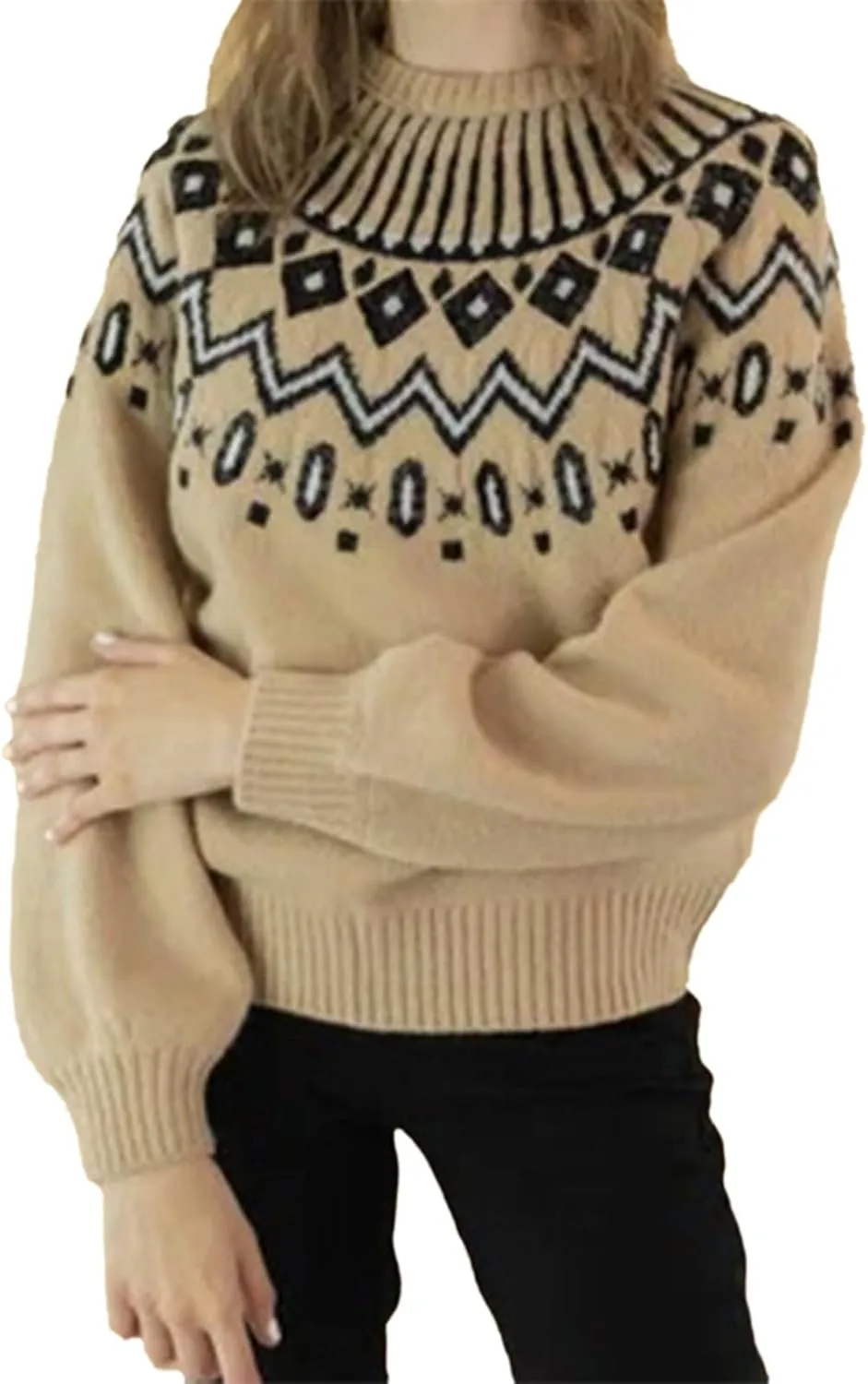 Fair Isle Sweaters for Women Fair Isle Print Retro Cable Knit Sweater Long Sleeve Crewneck Plus Size Pullover Sweater