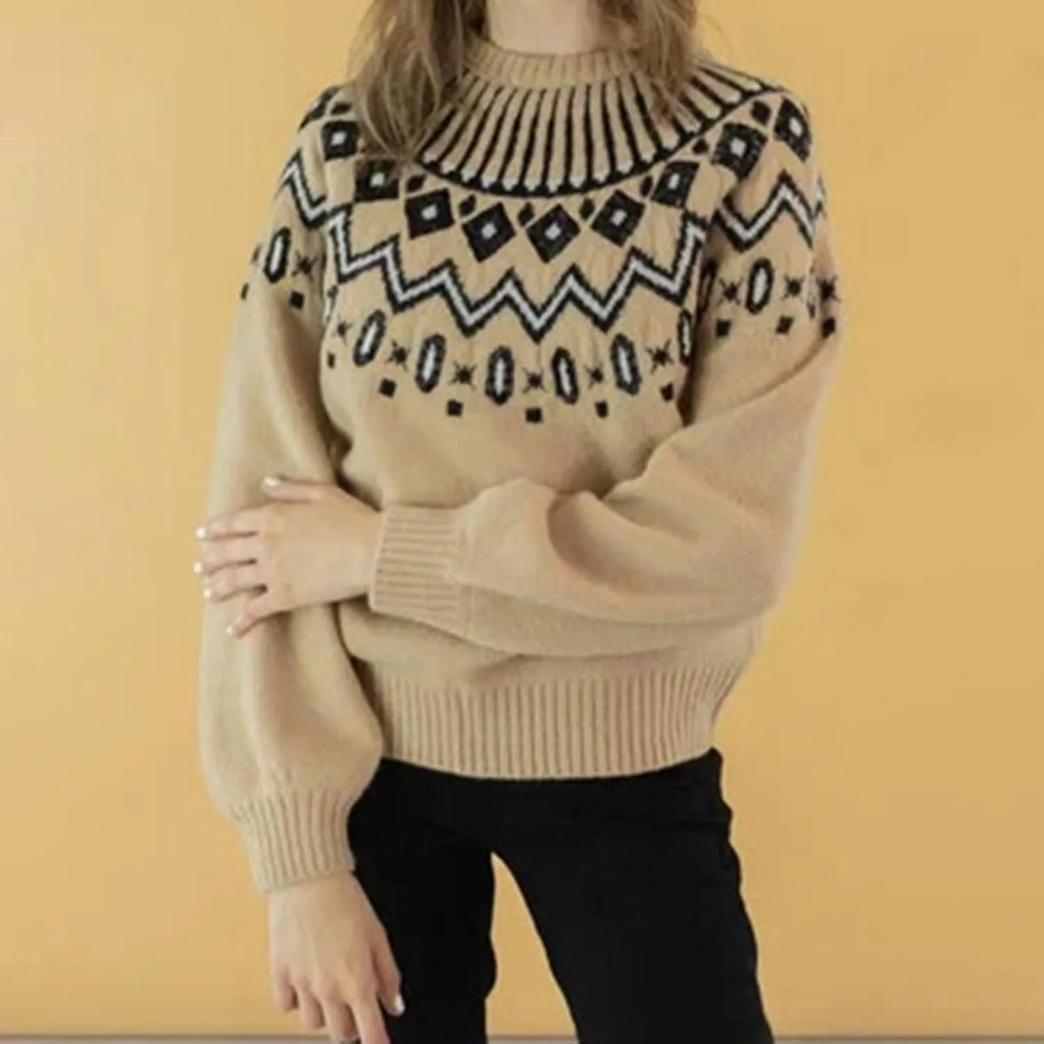 Fair Isle Sweaters for Women Fair Isle Print Retro Cable Knit Sweater Long Sleeve Crewneck Plus Size Pullover Sweater