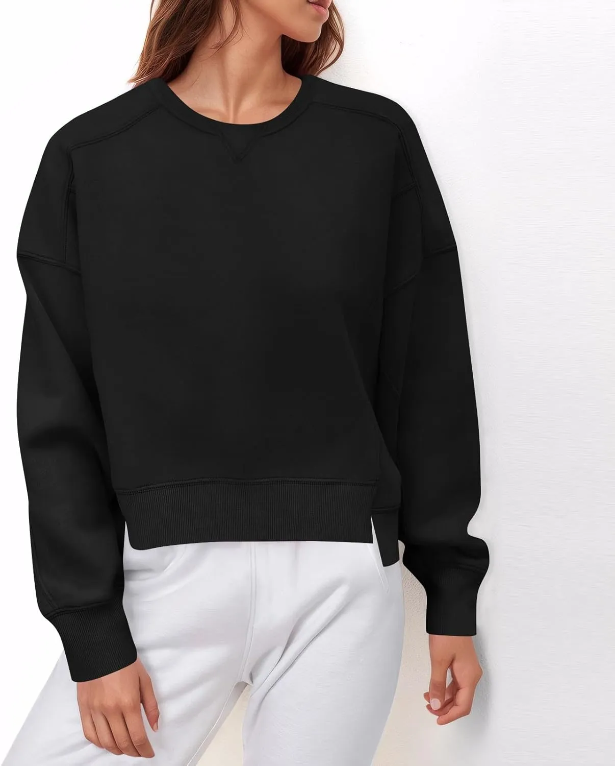 Fall Crew Neck Sweatshirts Women Solid Pullover Cropped Sweatshirt Long Sleeve Winter Side Split Sweaters Trendy 2024