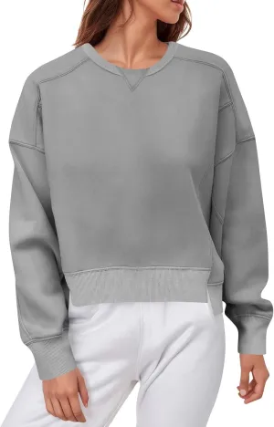 Fall Crew Neck Sweatshirts Women Solid Pullover Cropped Sweatshirt Long Sleeve Winter Side Split Sweaters Trendy 2024