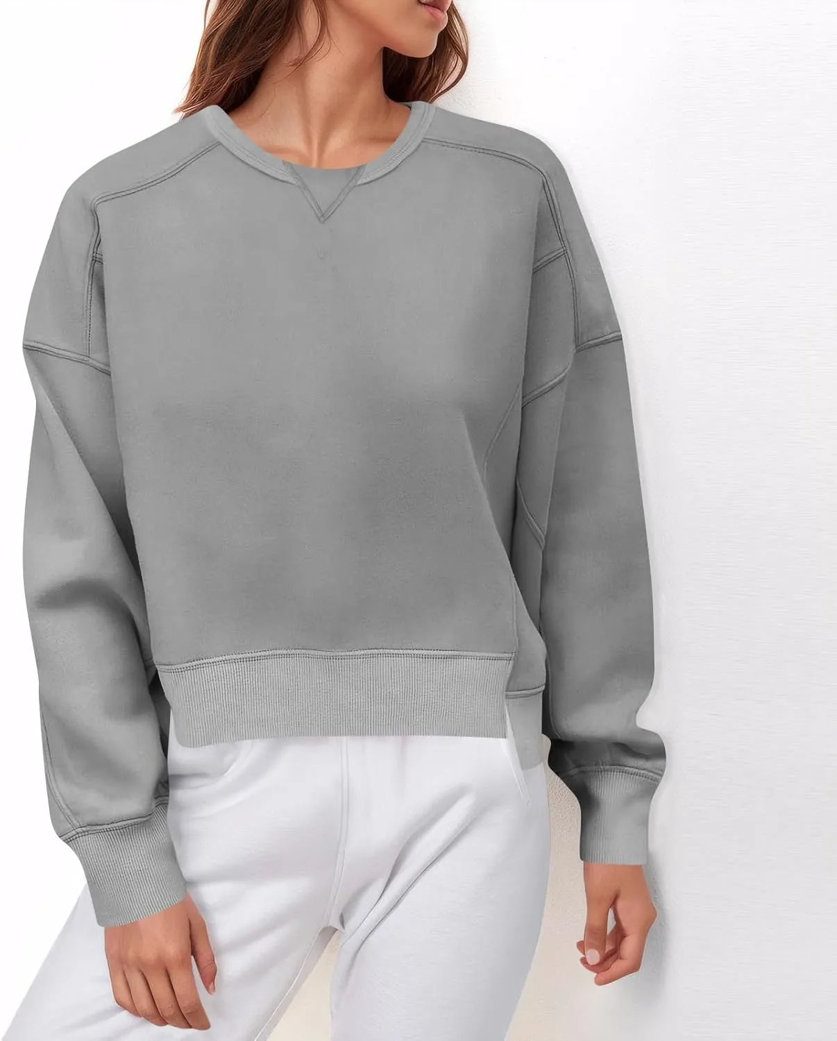 Fall Crew Neck Sweatshirts Women Solid Pullover Cropped Sweatshirt Long Sleeve Winter Side Split Sweaters Trendy 2024