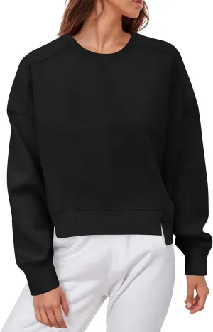 Fall Crew Neck Sweatshirts Women Solid Pullover Cropped Sweatshirt Long Sleeve Winter Side Split Sweaters Trendy 2024