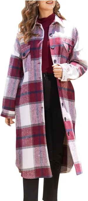 Fall Peacoat Womens Coat Classic Flannel Plaid Long Jackets Wool Blend Lapel Collar Trench Coat Single-Breasted Pea Coat