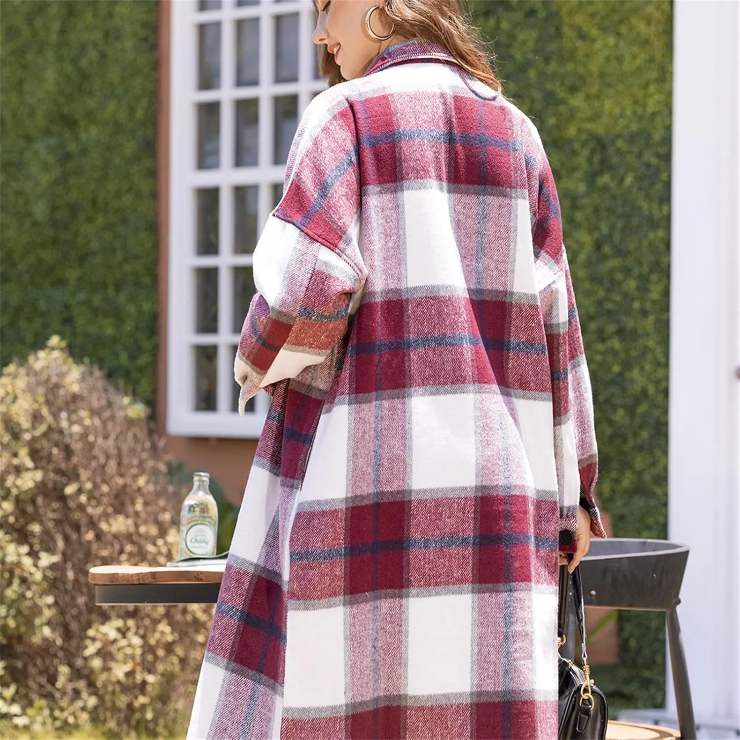 Fall Peacoat Womens Coat Classic Flannel Plaid Long Jackets Wool Blend Lapel Collar Trench Coat Single-Breasted Pea Coat