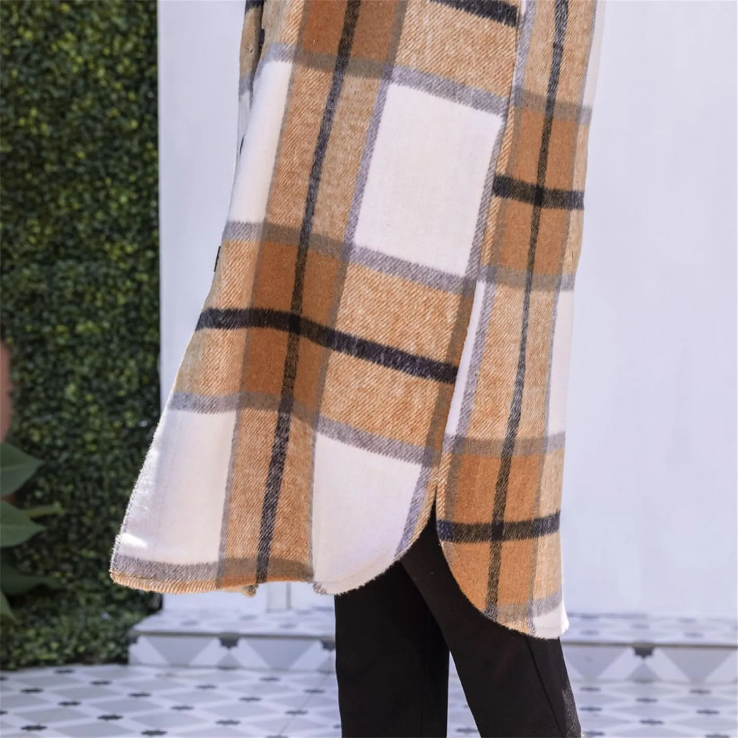 Fall Peacoat Womens Coat Classic Flannel Plaid Long Jackets Wool Blend Lapel Collar Trench Coat Single-Breasted Pea Coat