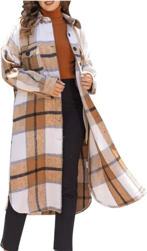 Fall Peacoat Womens Coat Classic Flannel Plaid Long Jackets Wool Blend Lapel Collar Trench Coat Single-Breasted Pea Coat