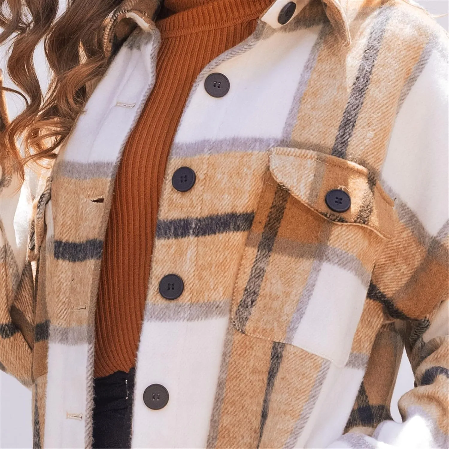 Fall Peacoat Womens Coat Classic Flannel Plaid Long Jackets Wool Blend Lapel Collar Trench Coat Single-Breasted Pea Coat