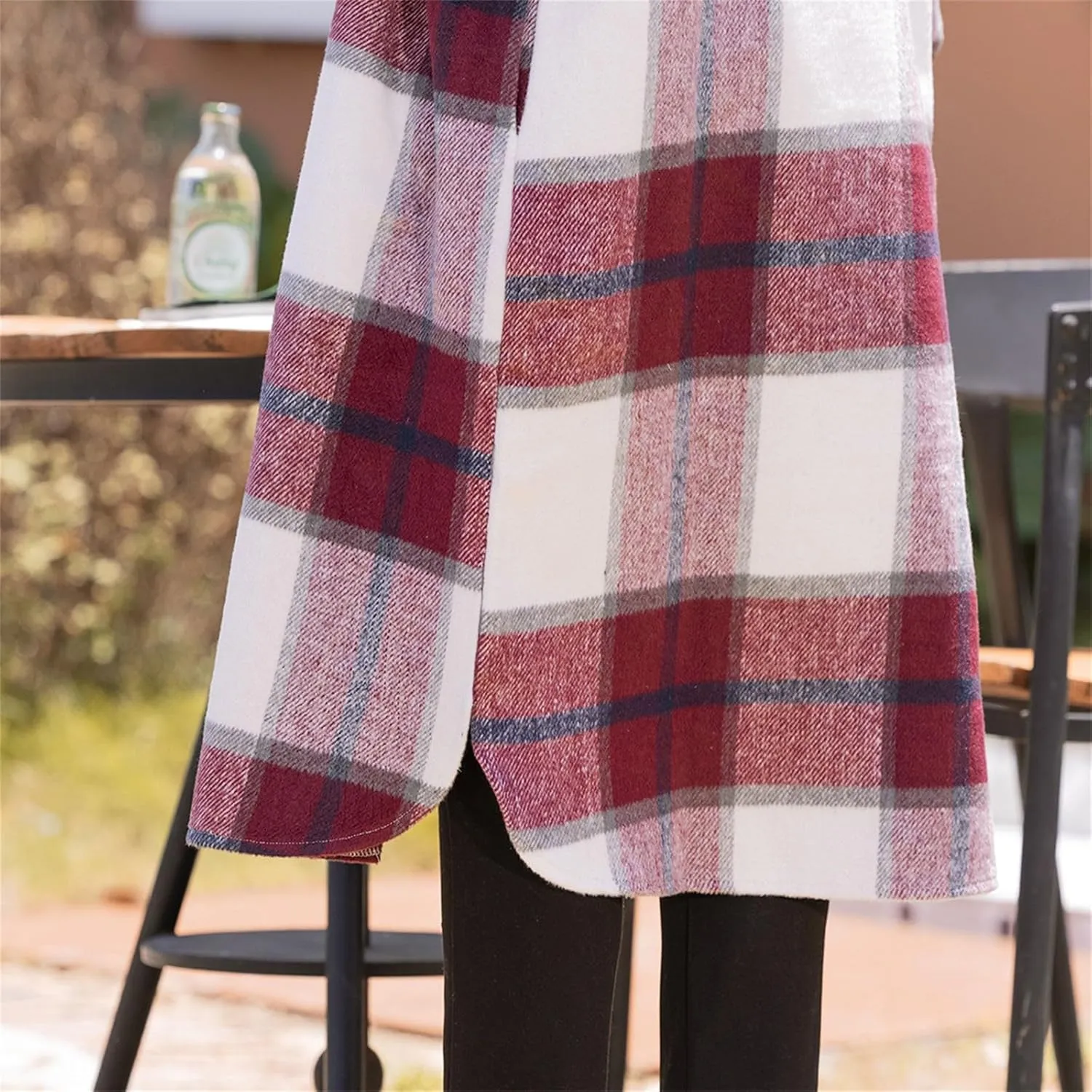 Fall Peacoat Womens Coat Classic Flannel Plaid Long Jackets Wool Blend Lapel Collar Trench Coat Single-Breasted Pea Coat