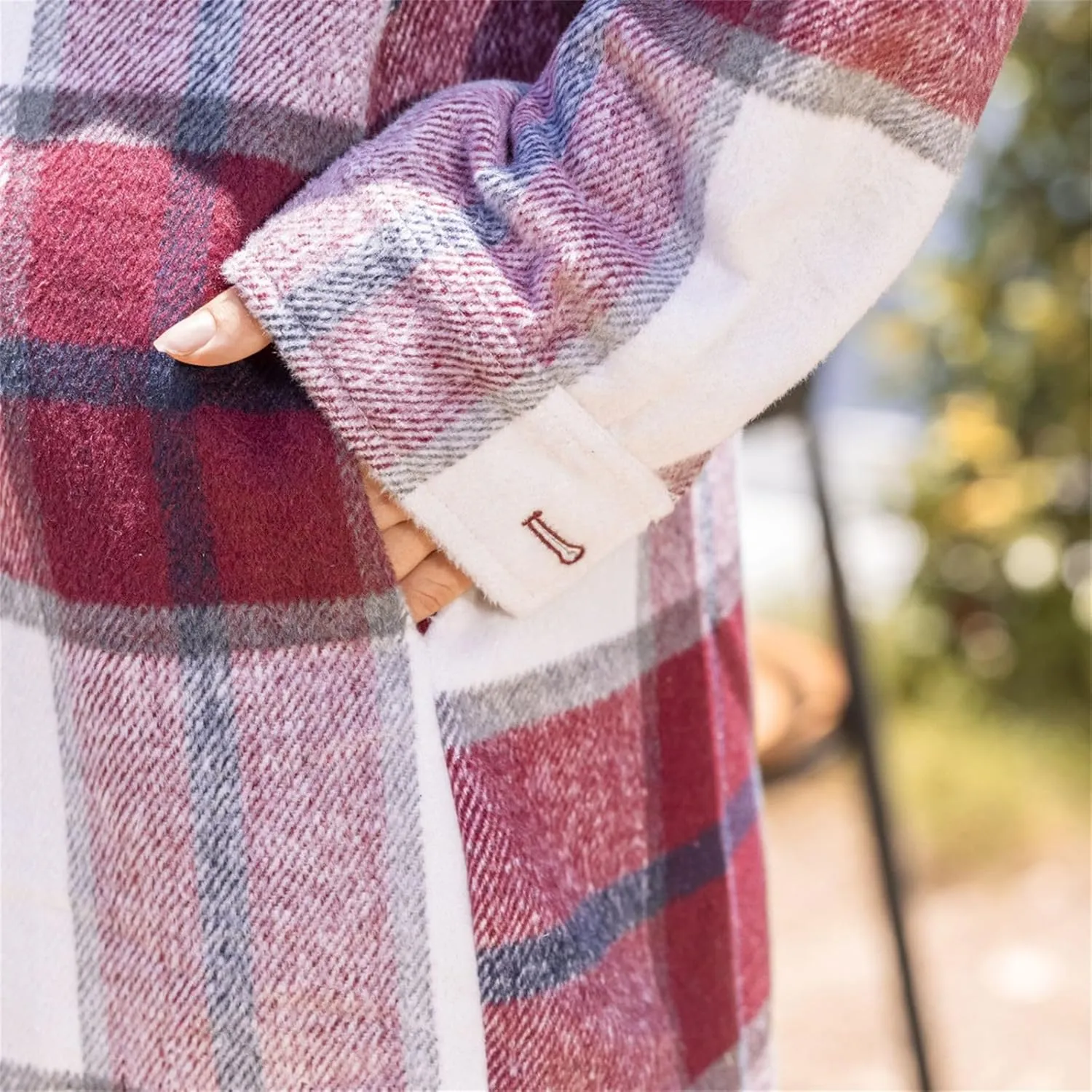 Fall Peacoat Womens Coat Classic Flannel Plaid Long Jackets Wool Blend Lapel Collar Trench Coat Single-Breasted Pea Coat