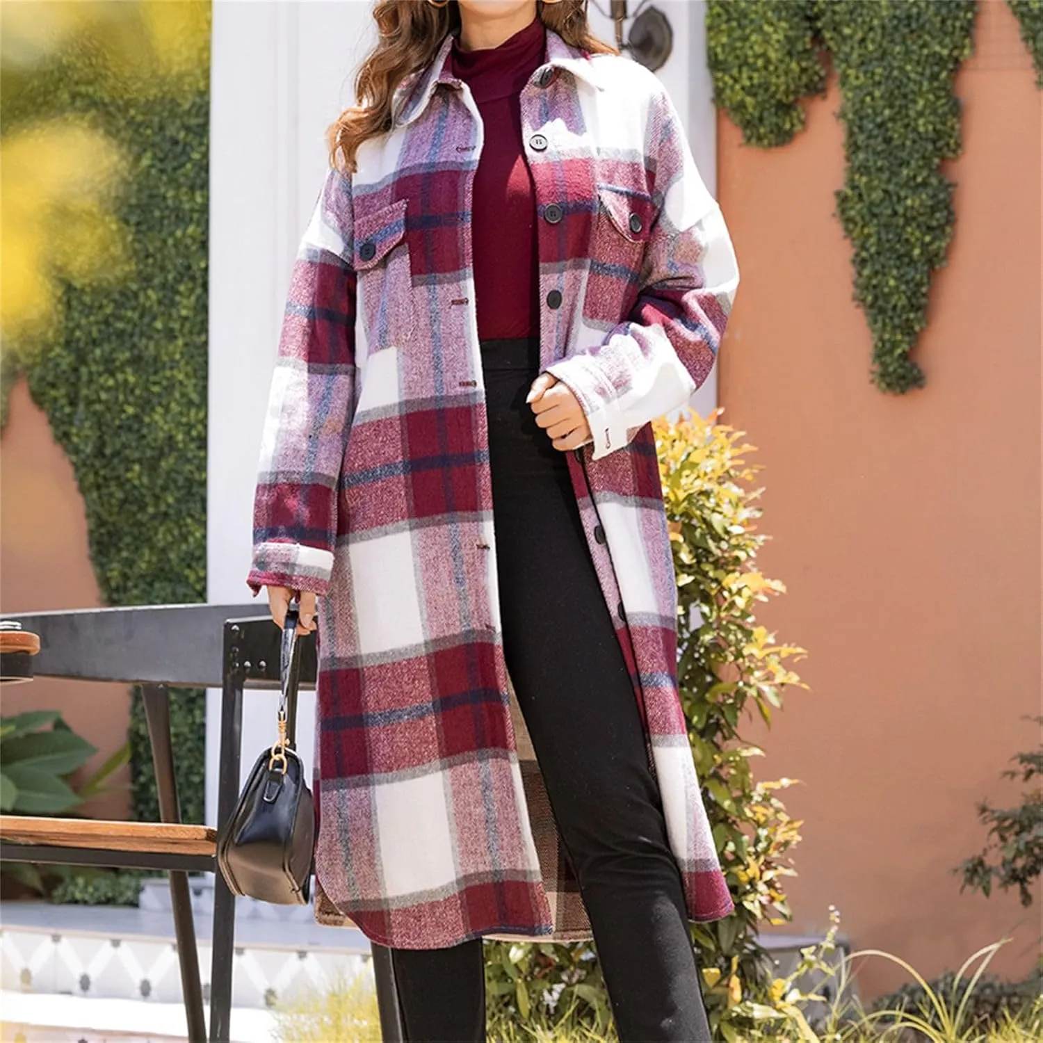 Fall Peacoat Womens Coat Classic Flannel Plaid Long Jackets Wool Blend Lapel Collar Trench Coat Single-Breasted Pea Coat
